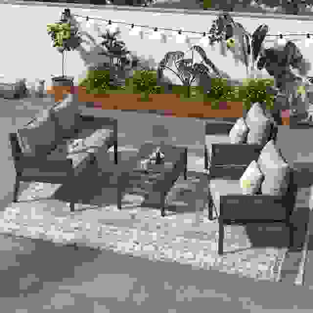 K&K 4-Piece Rope Patio Furniture Set, Outdoor Furniture with Tempered Glass Table, Patio Conversation Set Deep Seating with Thick Cushion for Backyard Porch Balcony (Grey)