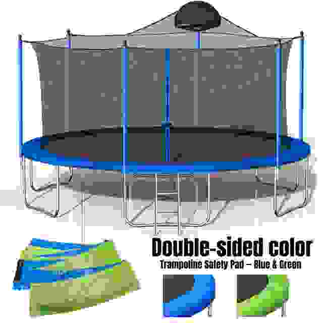 14FT Trampoline for Adults & Kids with Basketball Hoop, Outdoor Trampolines w/Ladder and Safety Enclosure Net for Kids and Adults,Double-side Color cover