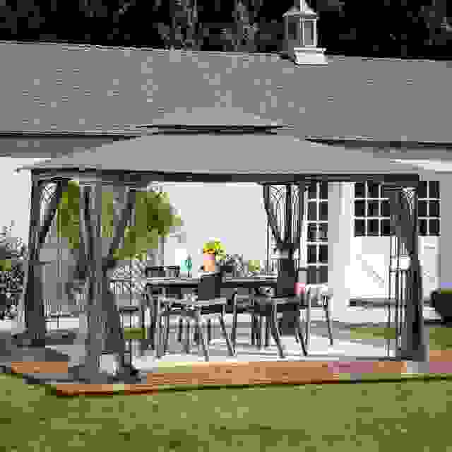 13x10 Outdoor Patio Gazebo Canopy Tent With Ventilated Double Roof And Mosquito net(Detachable Mesh Screen On All Sides),Suitable for Lawn, Garden, Backyard and Deck,Gray Top