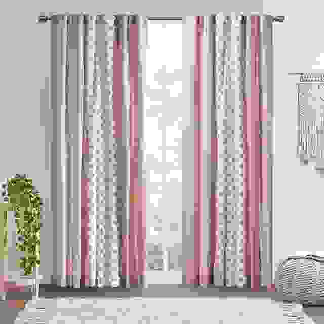 Cotton Printed Curtain Panel with Chenille Stripe and Lining Blush 50x84"