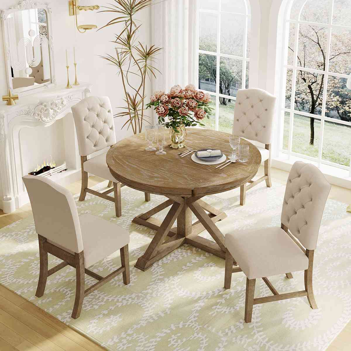 TREXM Functional Furniture Retro Style Dining Table Set with Extendable Table and 4 Upholstered Chairs for Dining Room and Living Room(Natural Wood Wash)