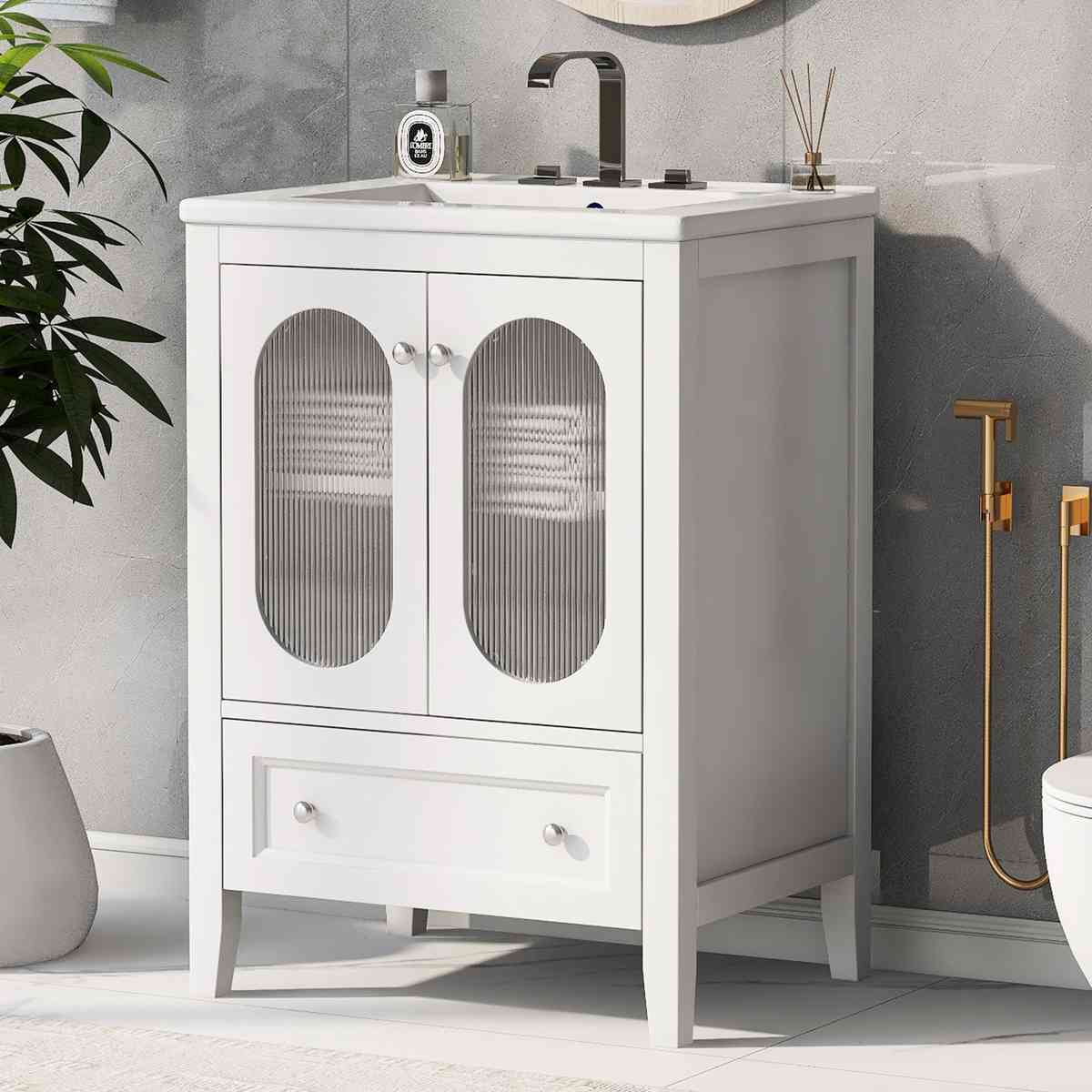 24'' Bathroom Vanity with Sink, Bathroom Vanity Cabinet with One Drawer and Doors, Adjustable Shelf, Solid Wood and MDF, White