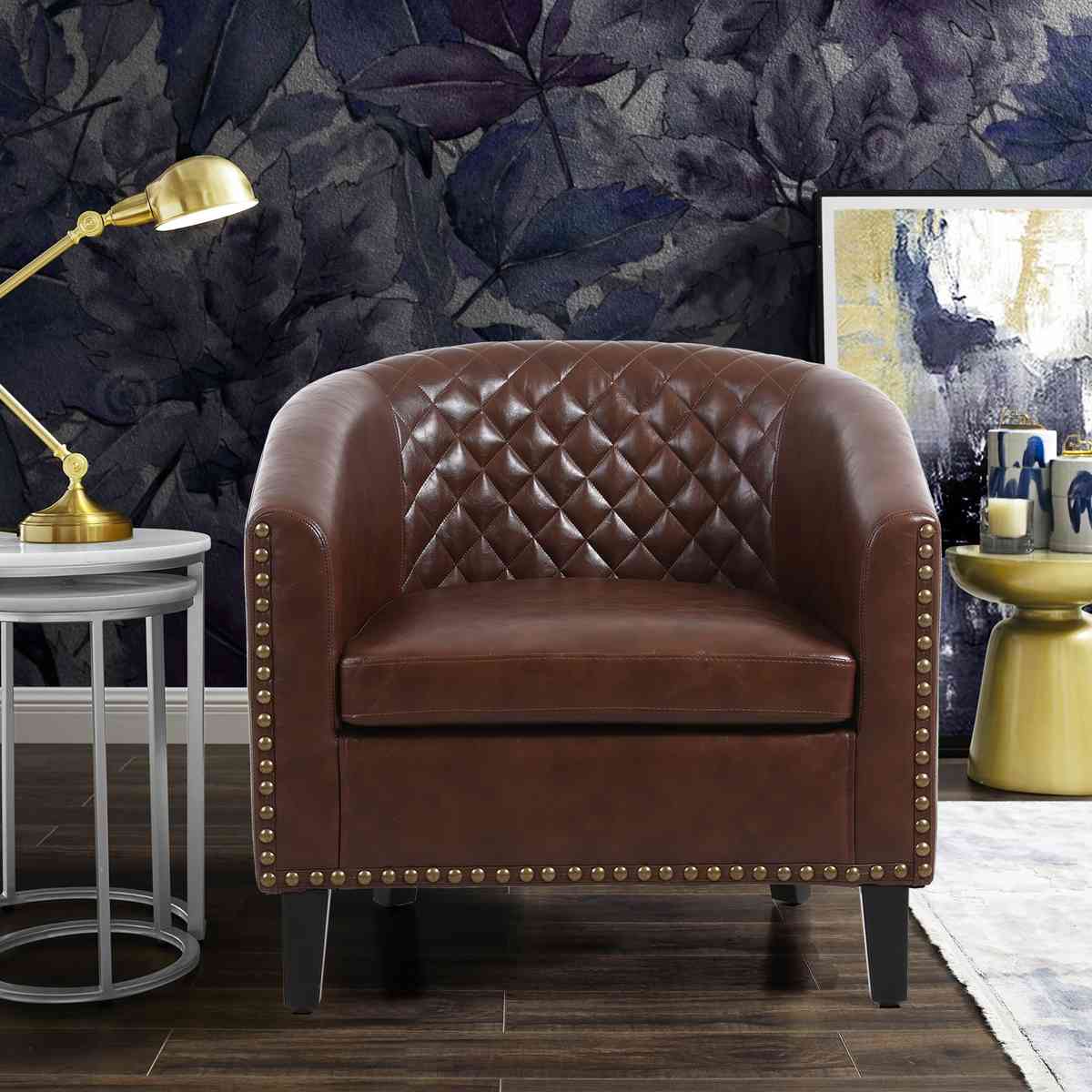 COOLMORE Barrel Chairs with Soft Padded Armrest, Club Chairs with nailheads and solid wood legs for Living Room Bedroom Waiting Room (PU Leather)