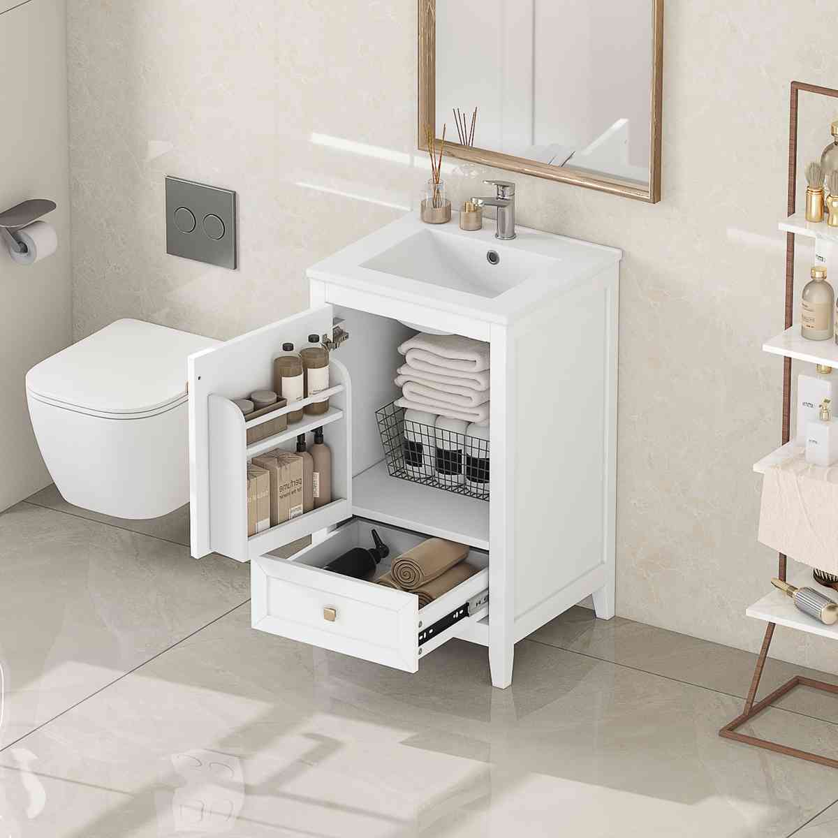 20'' Bathroom Vanity with Sink, Bathroom Cabinet with Soft Closing Door, Storage Rack and A Drawer, White
