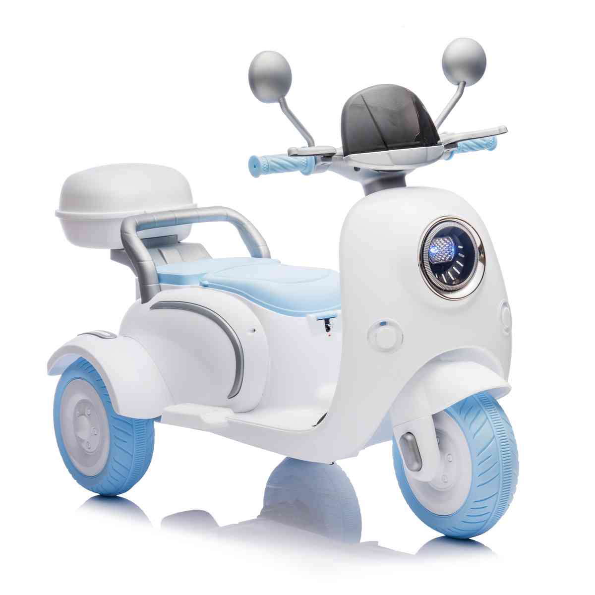 12V Two-seater Kids Ride On Electric Motorcycle,Three Wheels Kids toy with Slow Start,Multi-function player,USB,Bluetooth, light,Backseat flip adult seat, Oversized Storage Box for kids Aged 3-6.