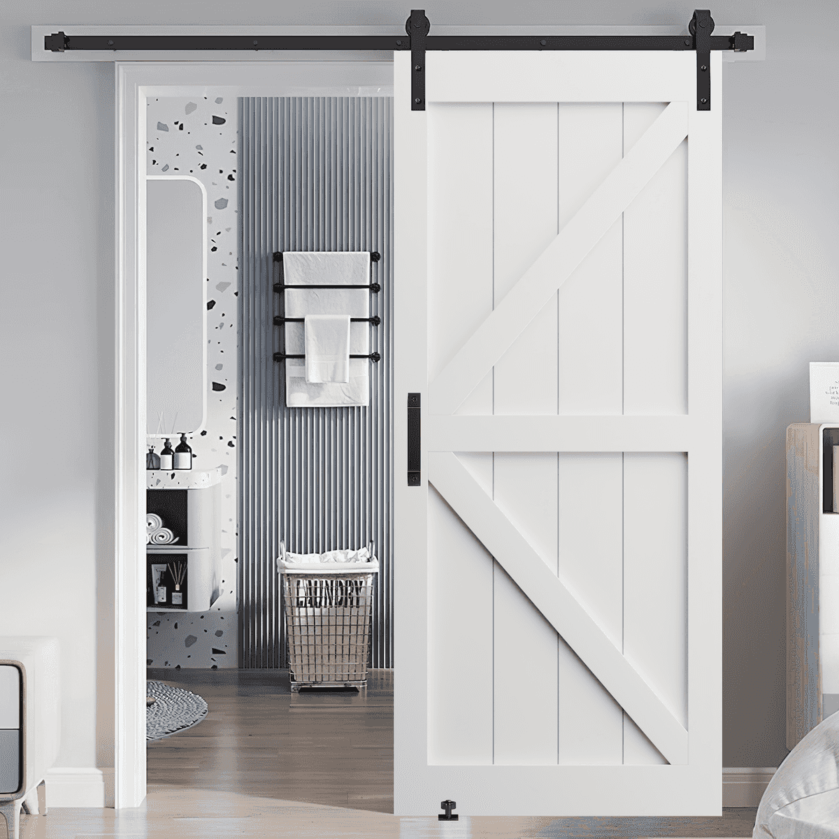 CRAZY ELF 24" x 84""K" Style Real Primed Door Slab + 6.6FT Barn Door Sliding Hardware + Adjustable Floor Guider + Pull Handle, DIY Unfinished Paneled Door, Modern Interior Barn Door, Moisture-proof