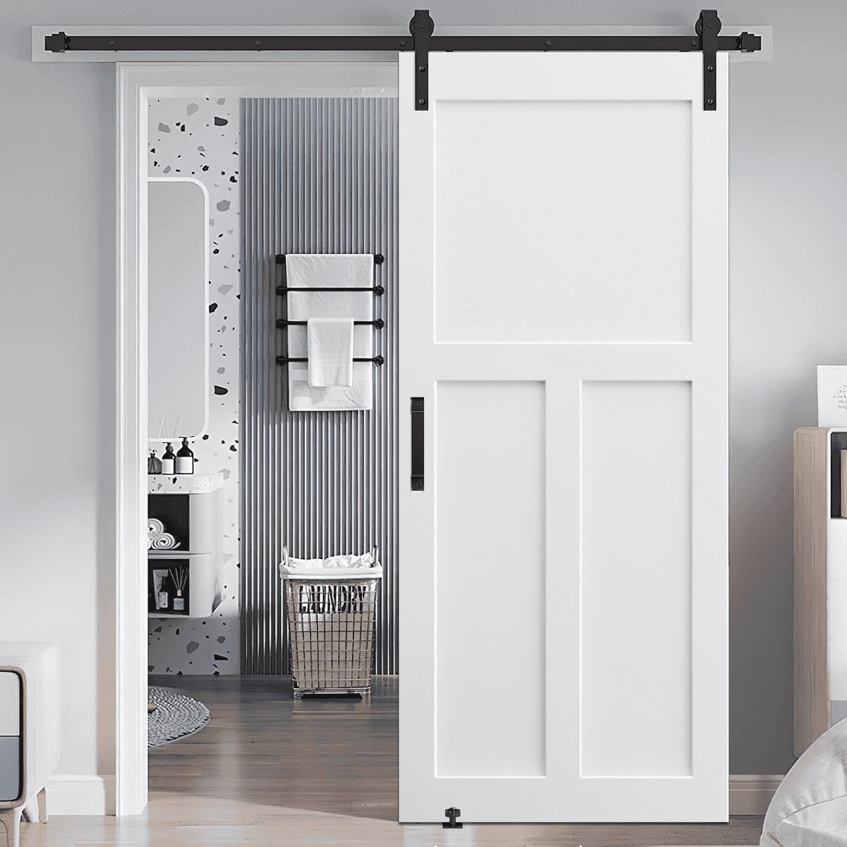 CRAZY ELF 28" x 84" "T" Style Real Primed Door Slab + 6.6FT Barn Door Sliding Hardware + Adjustable Floor Guider + Pull Handle, DIY Unfinished Paneled Door, Modern Interior Barn Door, Moisture-proof