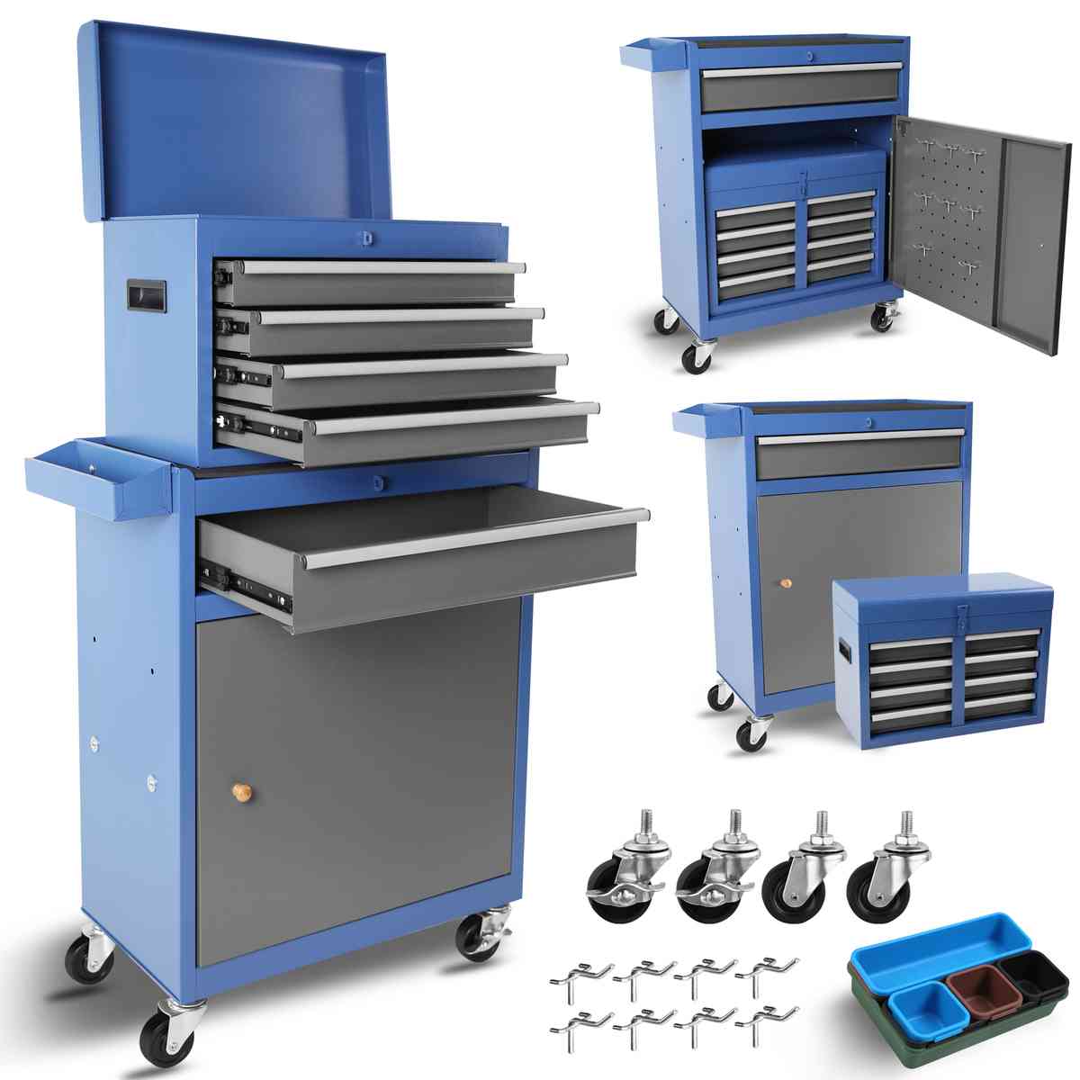 Tool Chest, 5-Drawer Rolling Tool Storage Cabinet with Detachable Top Tool Box, Liner, Universal Lockable Wheels, Adjustable Shelf, Locking Mechanism, Metal Tool Cart for Garage Workshop