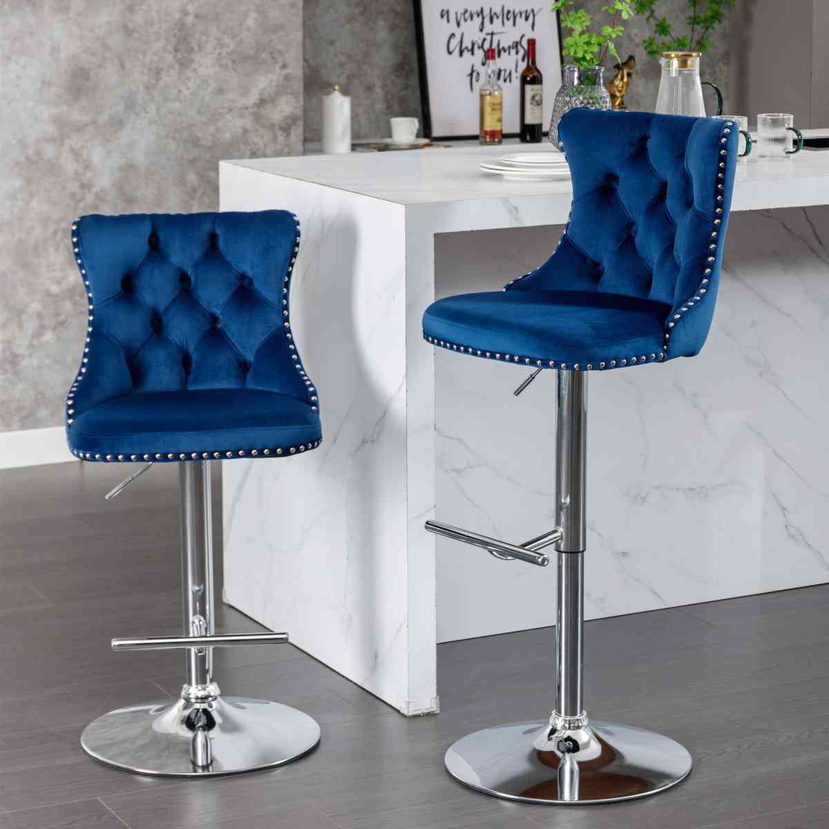 A&A Furniture,Swivel Velvet Barstools Adjusatble Seat Height from 25-33 Inch, Modern Upholstered Chrome base Bar Stools with Backs Comfortable Tufted for Home Pub and Kitchen Island（Blue,Set of 2）