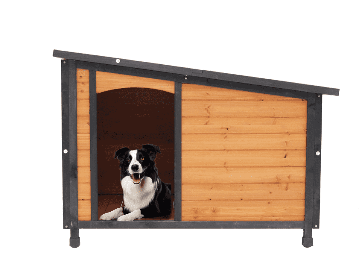 46''Dog House Outdoor & Indoor  Wooden Dog Kennel for Winter with Raised Feet Weatherproof for Large Dogs(Gold red and black)PVC waterproof roof(L)