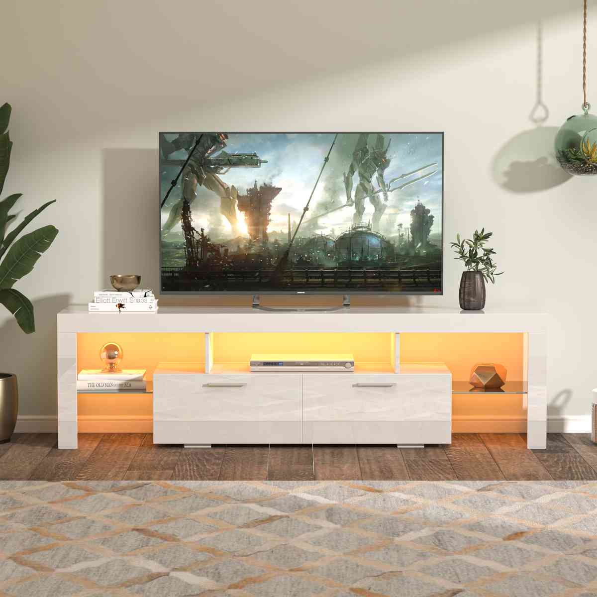 FashionTVstandTVcabinet,EntertainmentCenter,TVstationTV console,media console,with LEDlight belt,light belt remote control,toughenedglassshelf,metal handle,Canbeplaced in the living room,bedroom,White 