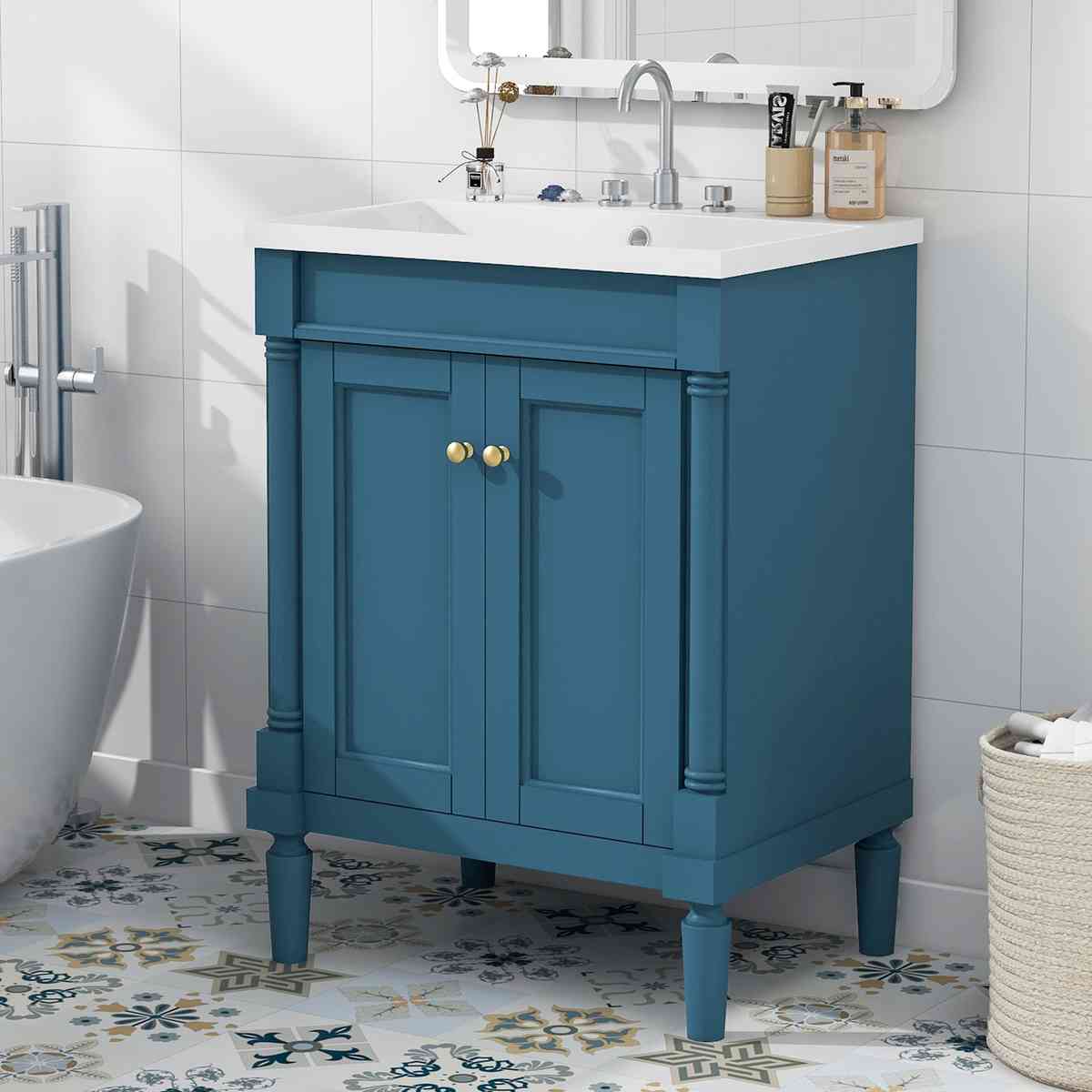 24'' Bathroom Vanity with Top Sink, 2-Tier Modern Bathroom Storage Cabinet, Single Sink Bathroom Vanity, Large Storage Shelves