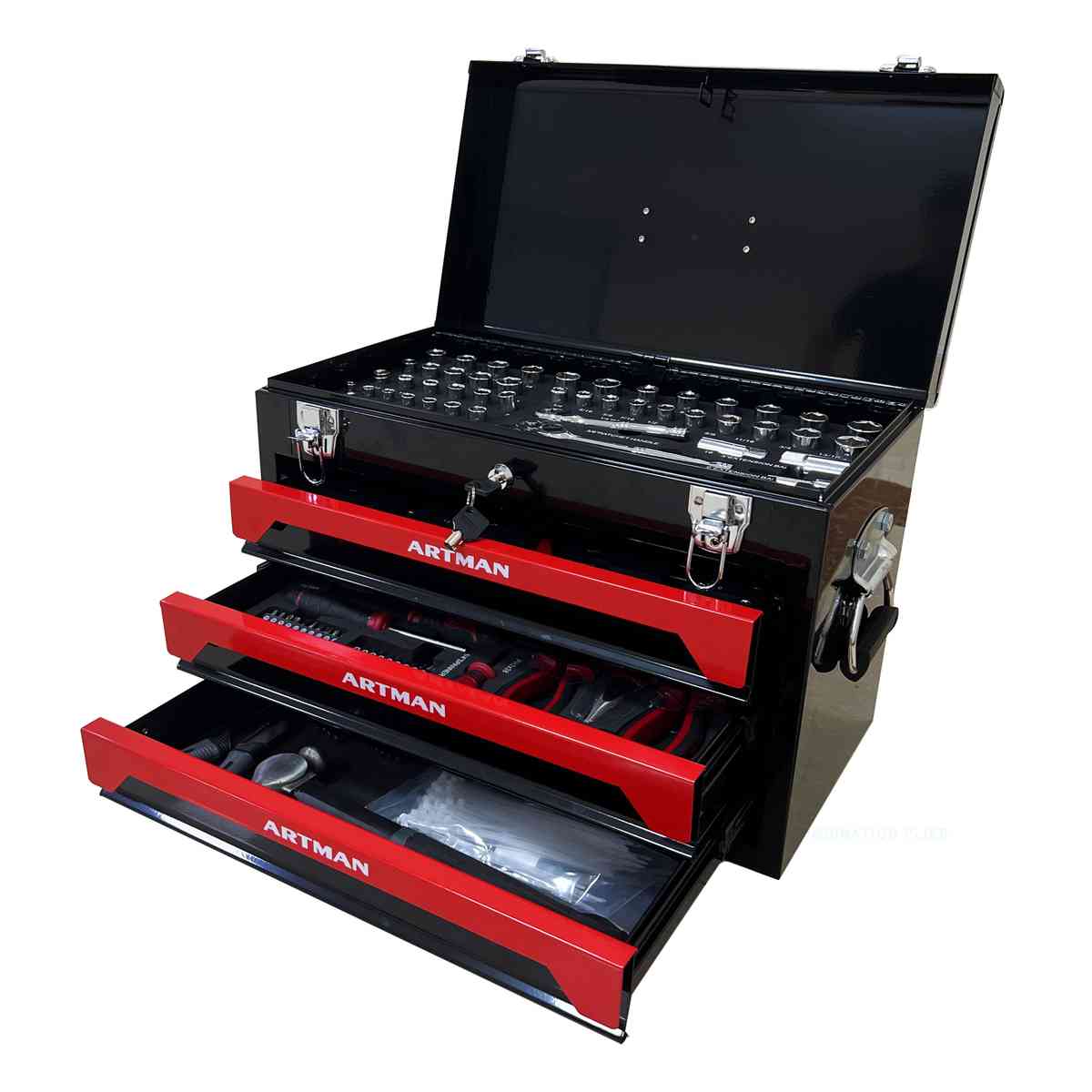 20'' Portable 3-Drawer Steel Toolbox, 4 Layers of Tools with Metal Latches, with Top Storage Tray and carrying Handle, Multi-Function Tool Storage for Garage, Home, or Workbench ,Black&Red