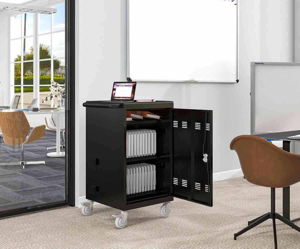 30+2Bay Mobile School Charging Cart Station for Chromebook, Tablet and Laptop Computer with Power Strip Included, Assembly Required-BLACK