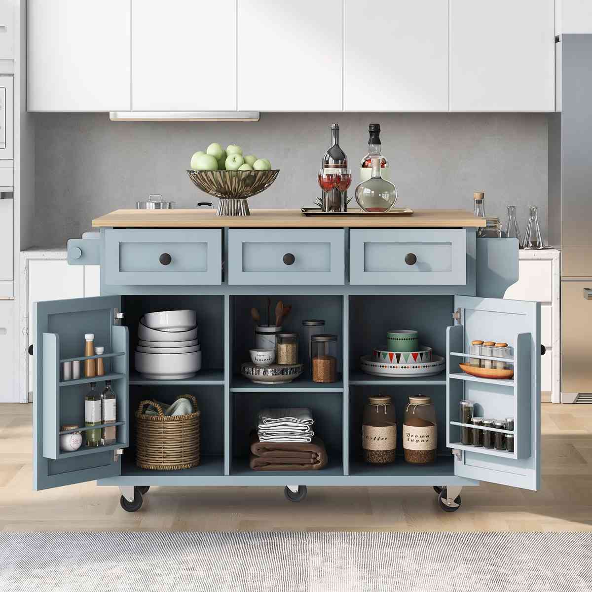 Kitchen Cart with Rubber wood Drop-Leaf Countertop ,Cabinet door internal storage racks,Kitchen Island on 5 Wheels with Storage Cabinet and 3 Drawers for Dinning Room, Grey Blue