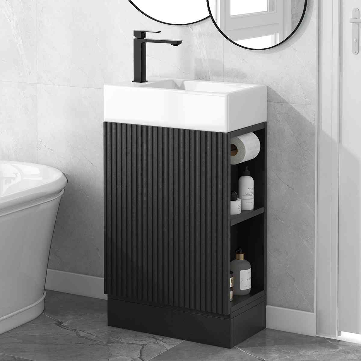 18.6'' Bathroom Vanity with Sink, Bathroom Vanity Cabinet with Two-tier Shelf, Left or Right Orientation, Black