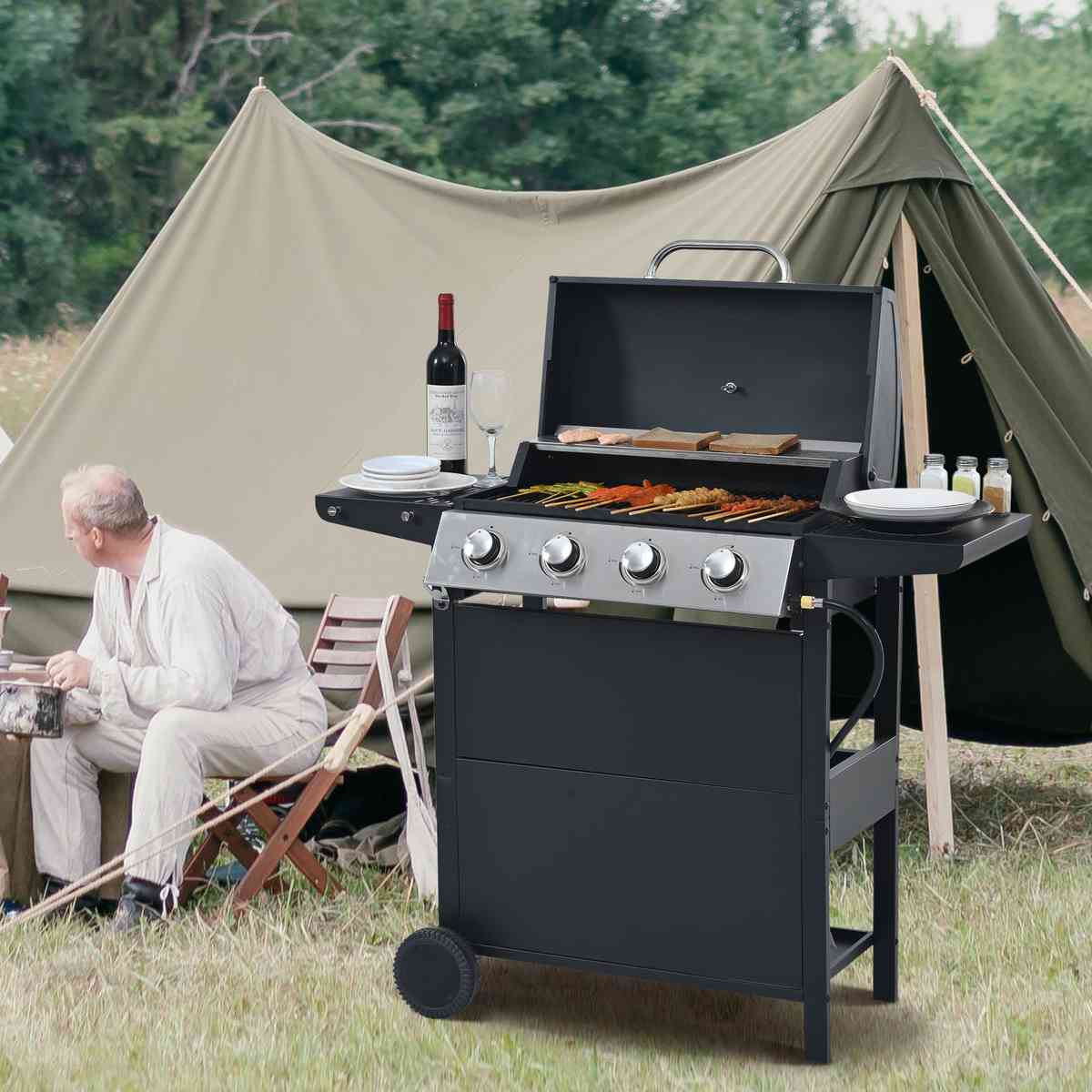 Propane Gas Grill 4 Burner Barbecue Grill, Stainless Steel 34,000 BTU Patio Garden Barbecue Grill with Two Shelves, Lid, Wheels and Bottle Opener