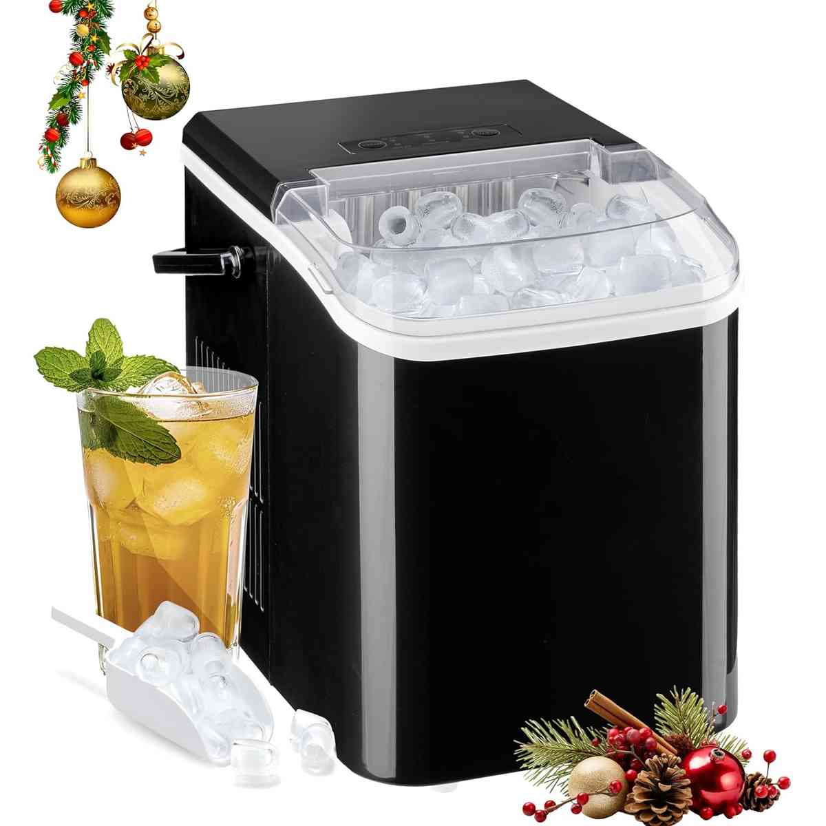 Countertop Ice Maker Machine, Fast Making 9 Ice Cubes in 6 Minutes, Self-Cleaning with Scoop, Basket & Handle, 26.5lbs/24Hrs, 2 Sizes Bullet Ice, Portable for Kitchen, Office, Party, Black