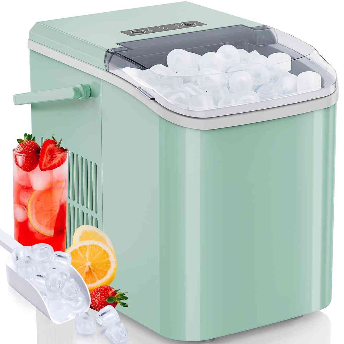 Countertop Ice Maker Machine Self-Cleaning, Fast Making 9 Ice Cubes in 6 Minutes, 26.5lbs/24Hrs, 2 Sizes Bullet Ice, Portable Ice Machine with Ice Scoop, Basket and Handle, Green