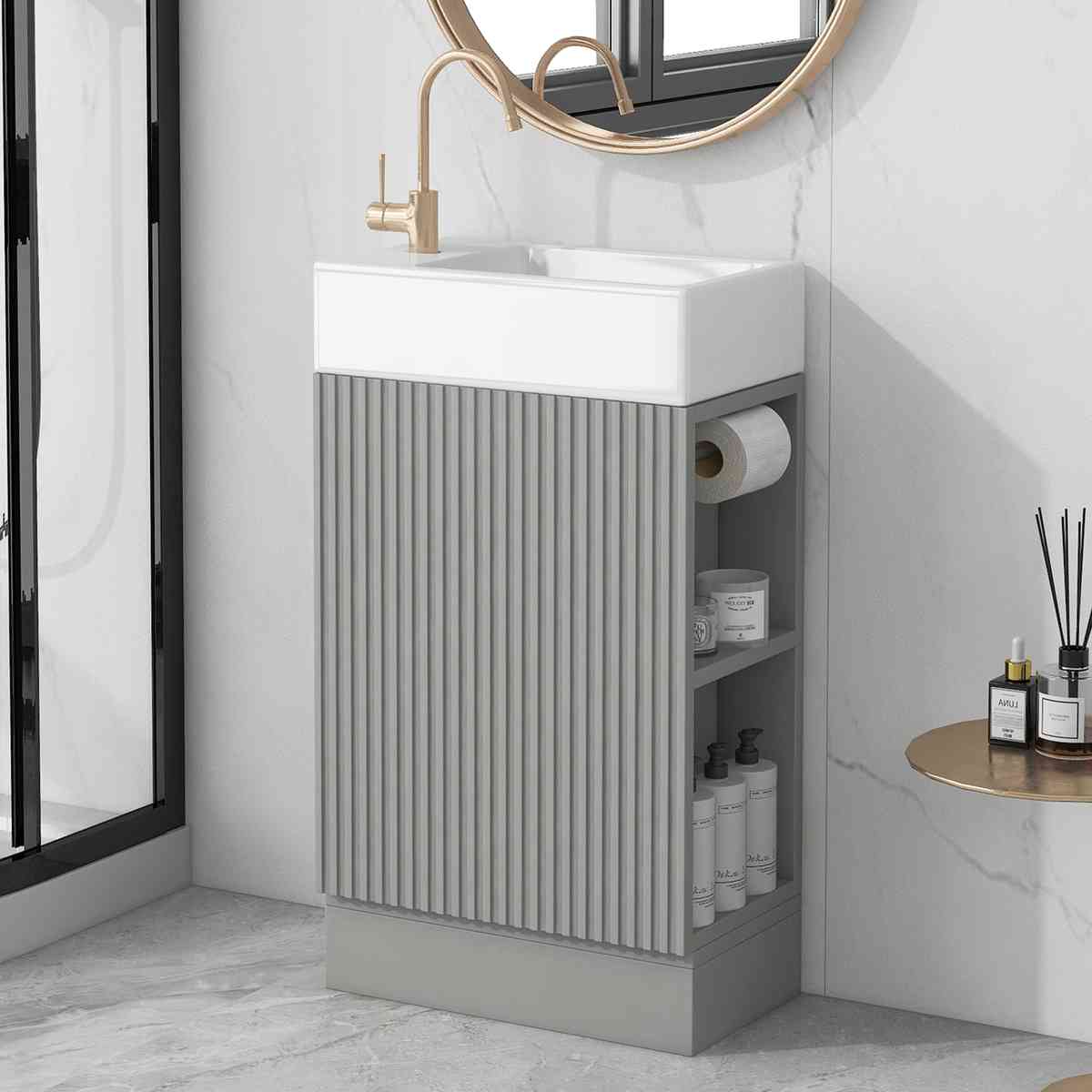 18.6'' Bathroom Vanity with Sink, Bathroom Vanity Cabinet with Two-tier Shelf, Left or Right Orientation, Grey