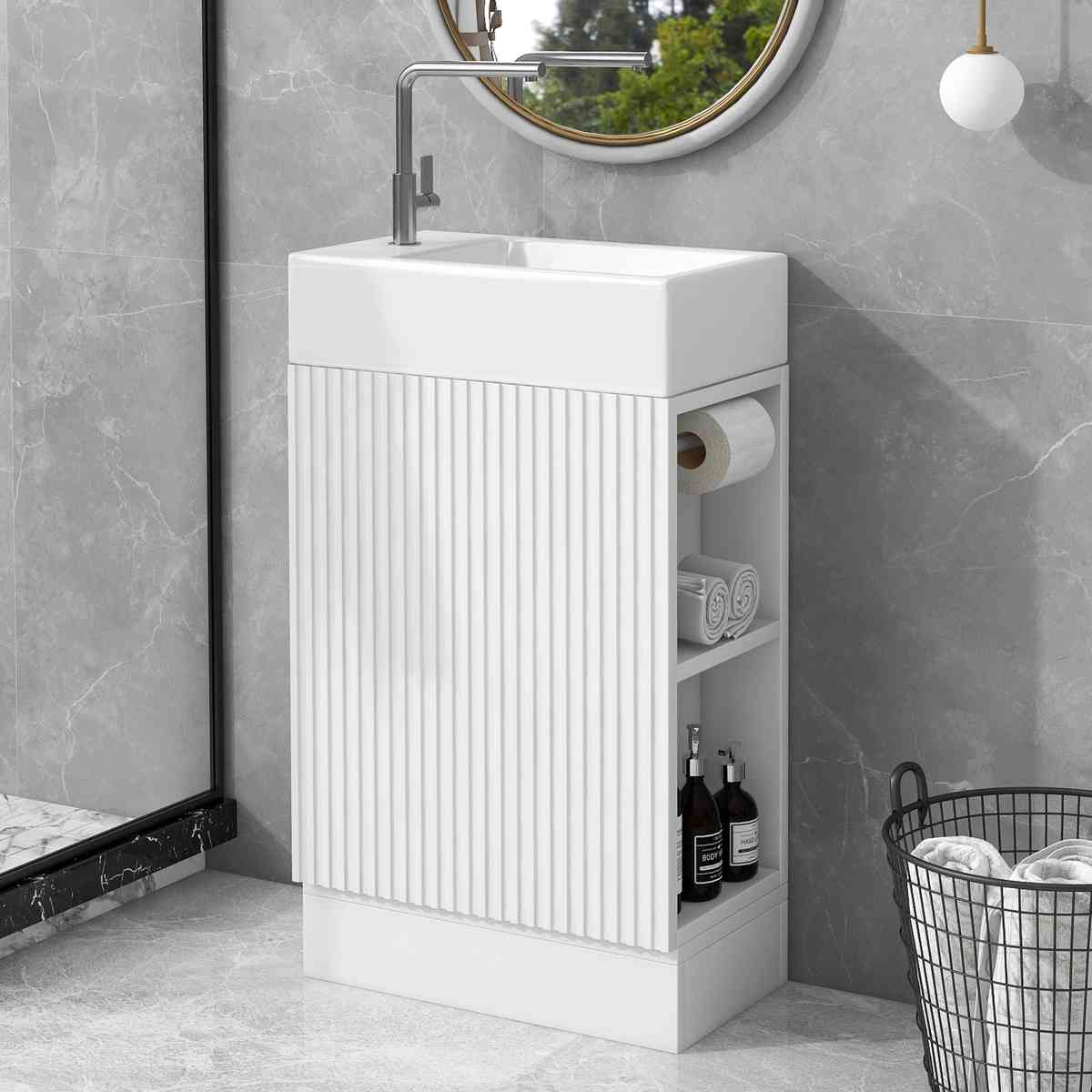 18.6'' Bathroom Vanity with Sink, Bathroom Vanity Cabinet with Two-tier Shelf, Left or Right Orientation, White