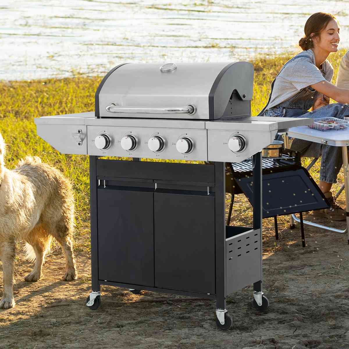 Propane Grill 4 Burner Barbecue Grill Stainless Steel Gas Grill with Side Burner, 46,500 BTU Outdoor Cooking, Patio, Garden Barbecue Grill, Black and Silver