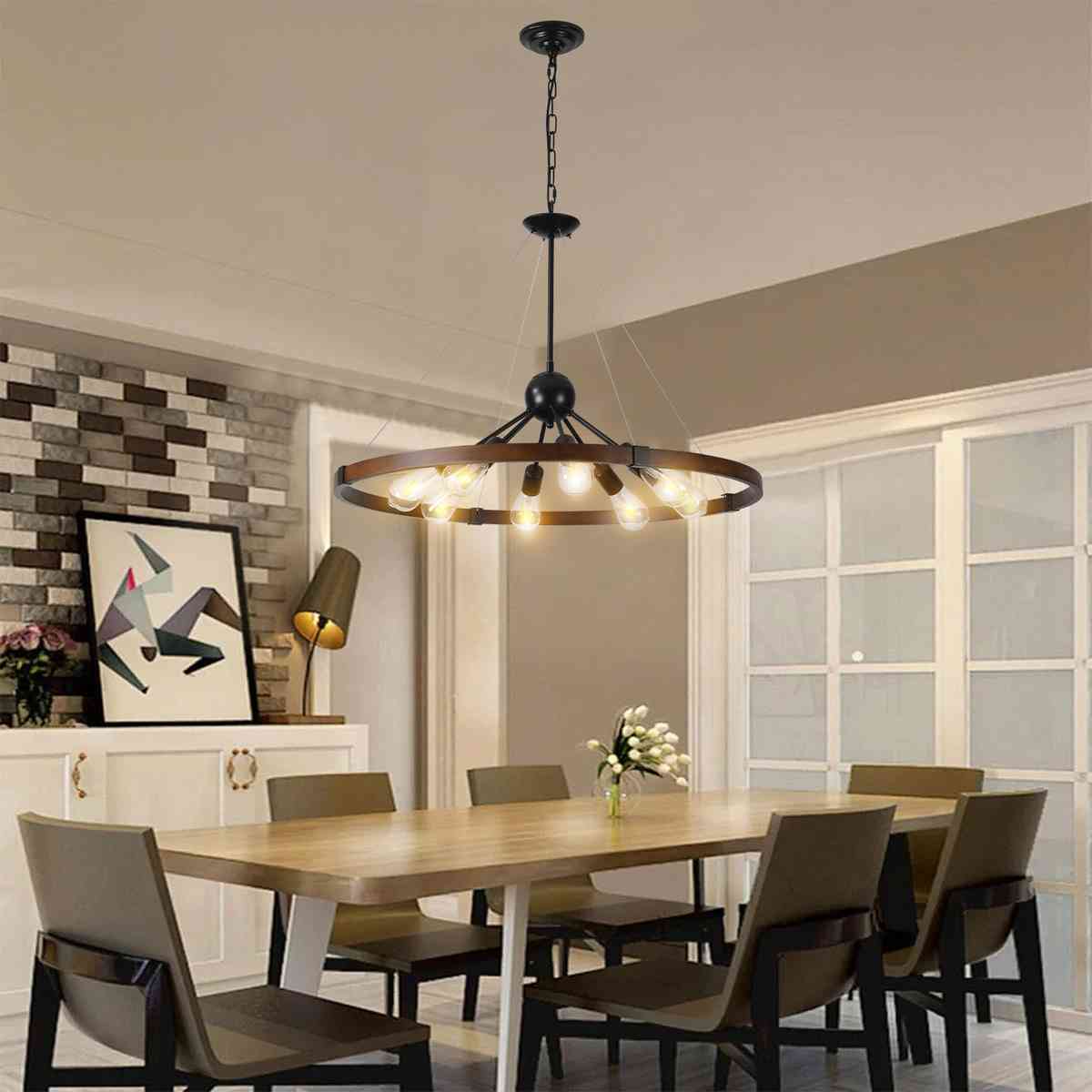 32" Rustic Industrial Chandelier, 8-Light Farmhouse Pendant Lighting Fixture with Metal and Wood Finish, Adjustable Chain for Dining Room, Kitchen, or Living Room (No Bulb)