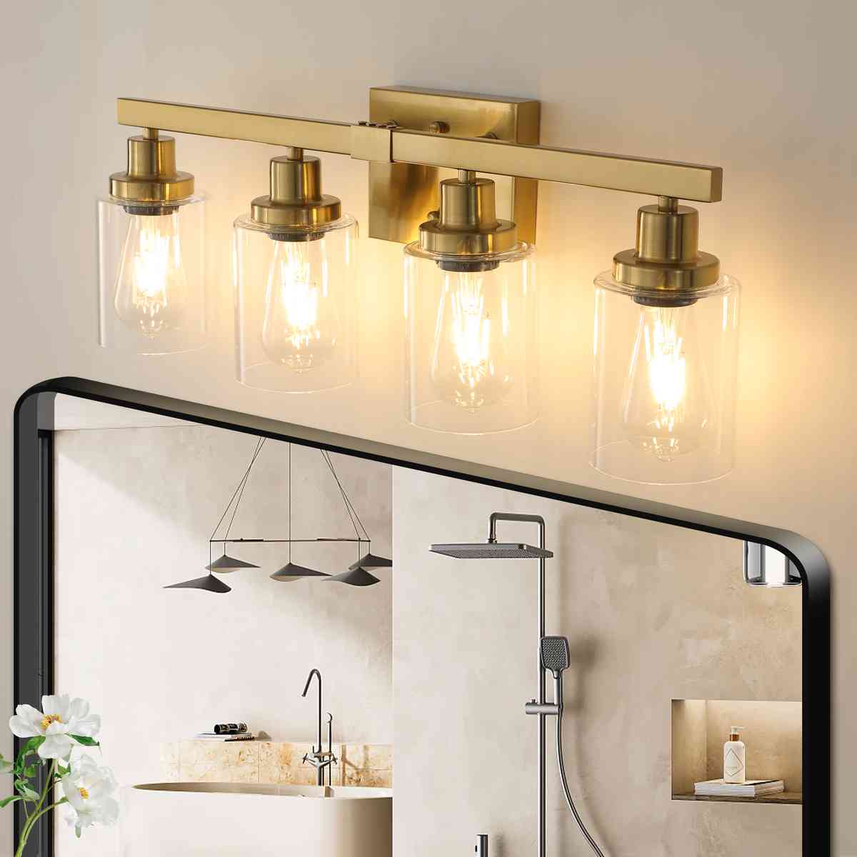 24" Golden 4-Light Vanity Light with Clear Glass Shades, Modern Iron Metal Bathroom Wall Fixture for Mirror, Ideal for Bathroom and Dressing Table (No Bulbs)
