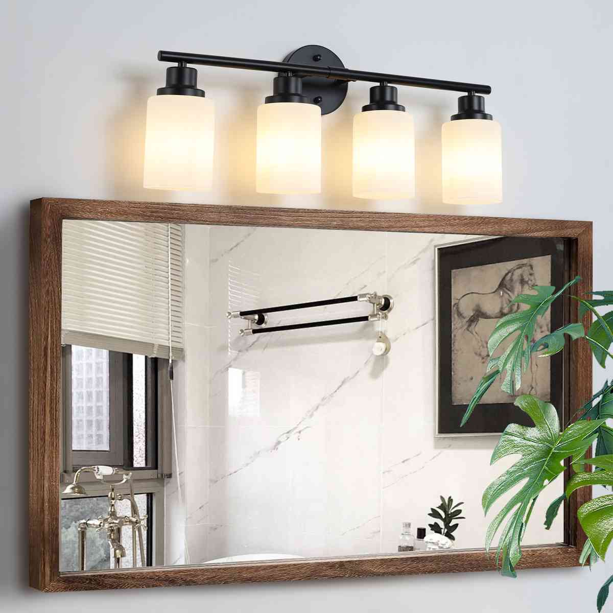 24" Modern 4-Light Vanity Bathroom Mirror Light, Frosted White Glass with Black Iron Frame, Contemporary Wall Sconce for Bedroom, Bathroom, And Dressing Room (Bulb Not Included)