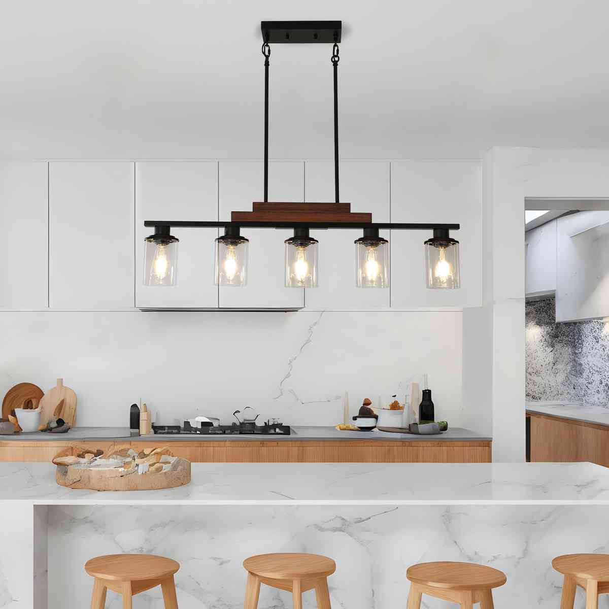 37" Farmhouse Industrial 5-Light Kitchen Island Pendant Light, Metal Wood Chandelier with Clear Glass Shades, Adjustable Height Hanging Fixture for Dining Room, Living Room, Kitchen (No Bulbs)