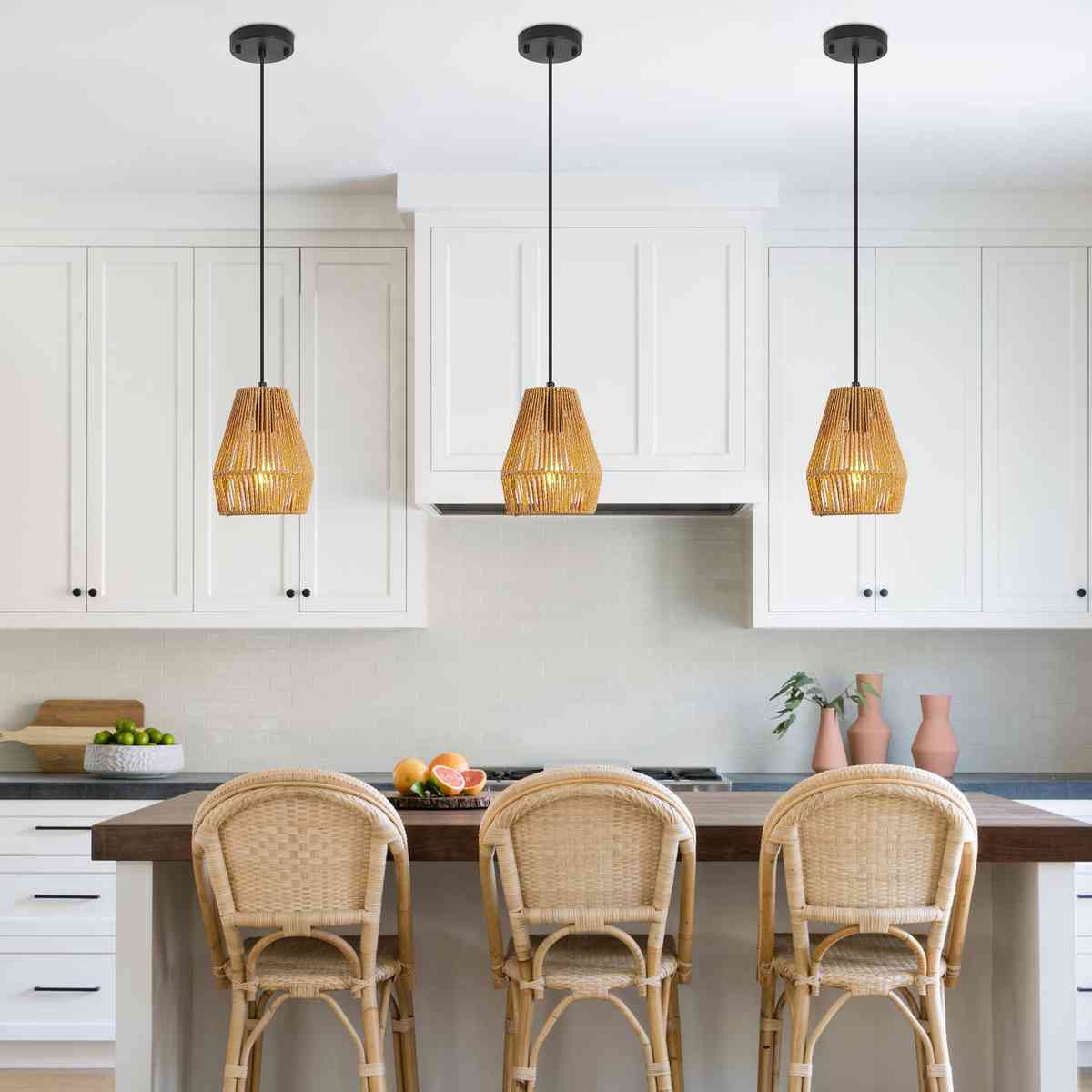 7" Set of 3 Rustic Hemp Rope Pendant Light, Handcrafted Farmhouse Hanging Light Fixture, Adjustable Height Ceiling Lamp for Kitchen Island, Dining Room, or Living Room, Natural Woven Design (No Bulbs)