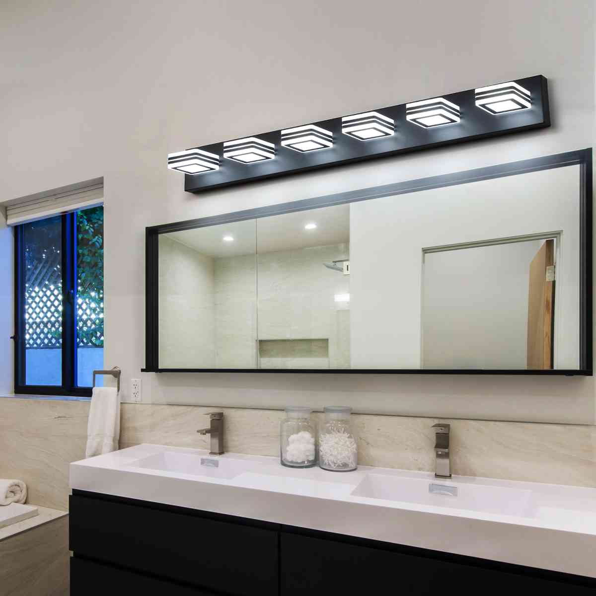 39" Modern Black 6-Light LED Vanity Light, Square Acrylic Lampshades Wall Mount Fixture for Bathroom, Mirror Lighting