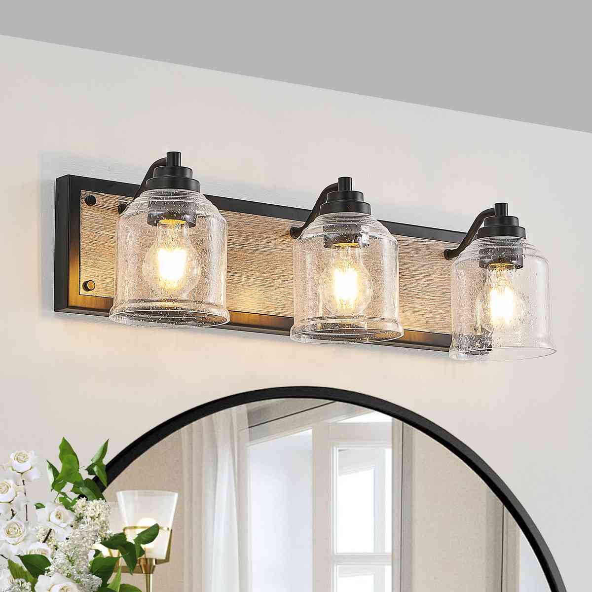 23" Farmhouse Vanity Light Fixture, 3-Light Bathroom Wall Sconce with Clear Seeded Glass Shades, Black and Wood Grain Finish, Modern Industrial Design for Bathroom or Powder Room (No Bulbs)