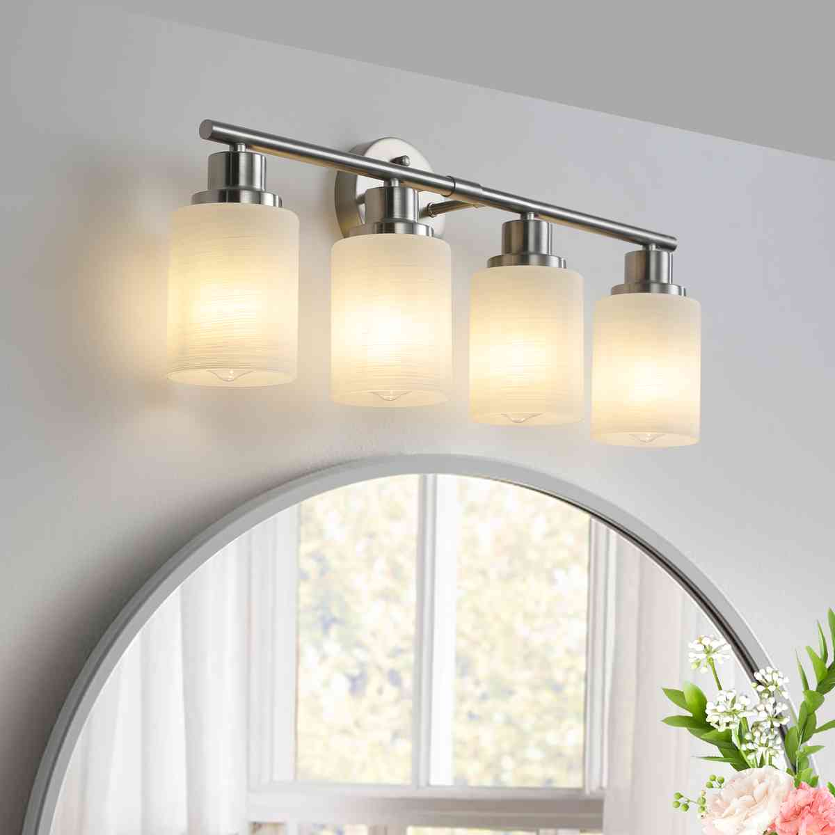 24" Modern 4-Light Vanity Wall Sconce, Brushed Nickel Finish with Frosted Glass Shades for Bathroom or Hallway Lighting (No Bulbs)