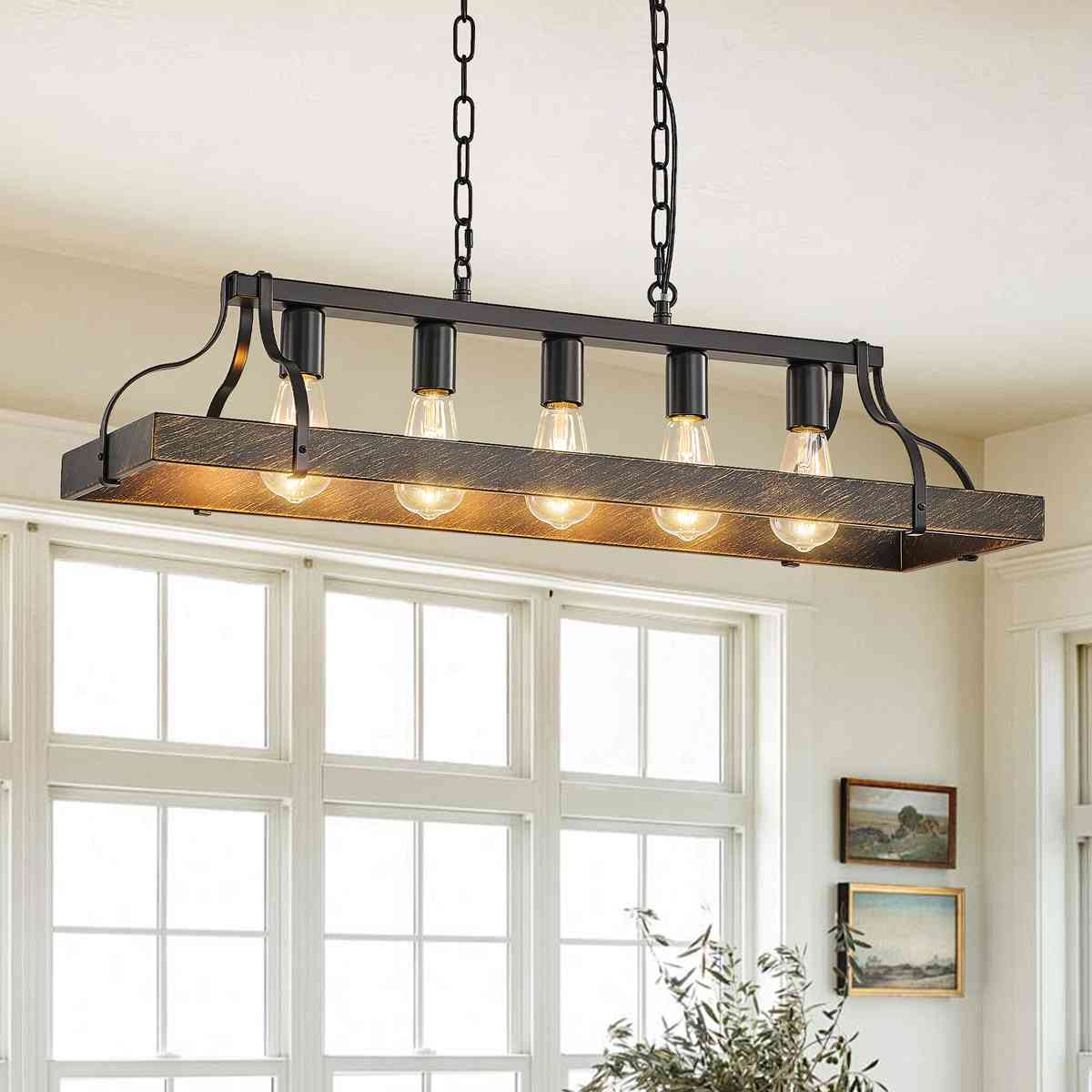 34-Inch Black Gold Vintage Pendant Light, 5 E26 Bulb Sockets, Adjustable Chain Height – Antique Style Chandelier for Dining Room, Kitchen, or Living Room (Bulb Not Included)