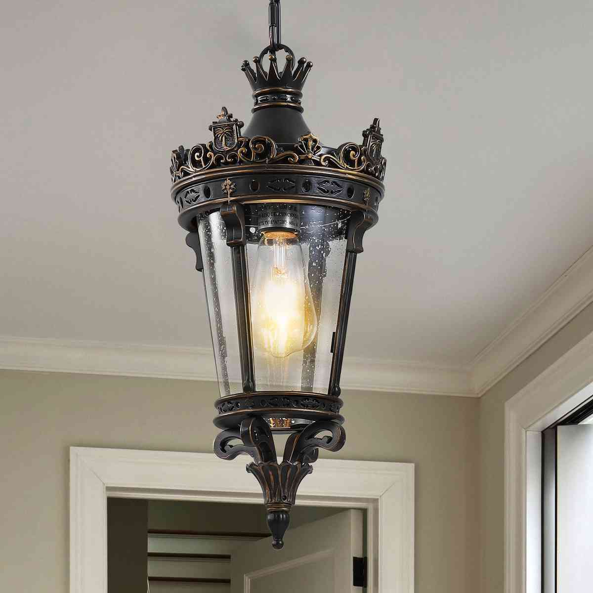 18"(H) Antique Crown Outdoor Hanging Lantern, Waterproof Vintage Pendant Light with Ornate Metal Design and Clear Glass for Patio, Garden, Porch, Entryway Lighting (One piece&No bulb)