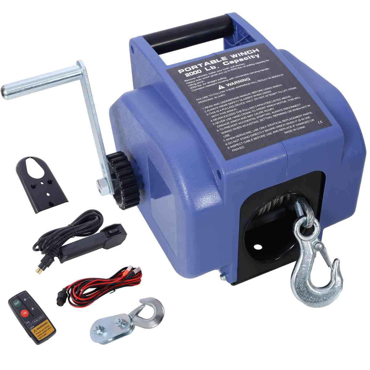 12v Trailer Winch,Reversible Electric Winch, for Boats up to 5000 lbs, Galvanized Wire Rope, with extra pulley hook, Rapid Mount, wirelss remote control,power in and power out.blue plastic casing