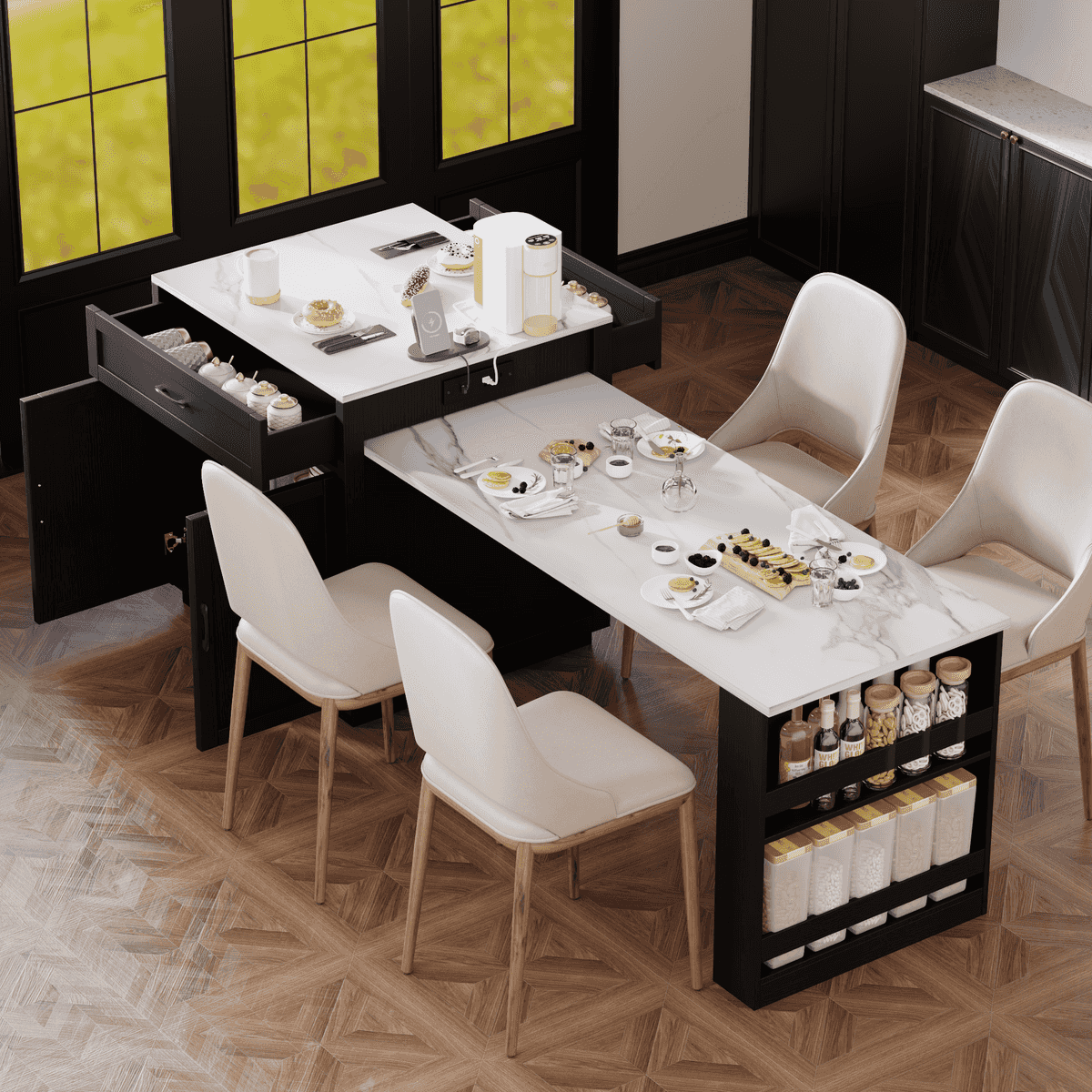K&K 82.7 inch Kitchen Island with Extendable Dining Table for 4-6 Person,Faux Mable Kitchen Table with Double-sized Storage,Power Outlet,Kitchen island with Storage 2 Drawers 2 Side Open Shelves,Black