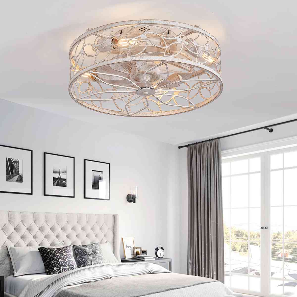 18-inch White Vintage Caged Ceiling Fan Light – Quiet Operation, Remote Control, Industrial Style for Living Room, Bedroom, and Kitchen (Bulb Not Included)
