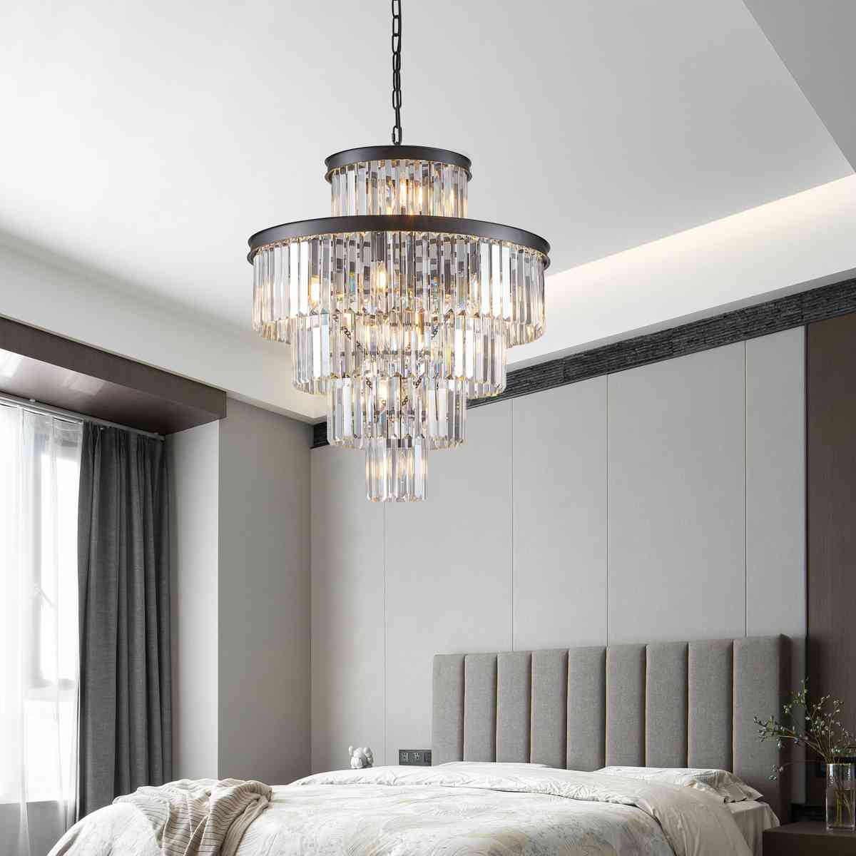 24" Luxury Crystal Chandelier with Black Finish – Elegant 15-Light 5 Tier Pendant Light Fixture for Living Room, Dining Room, or Entryway (Bulb Not Included)