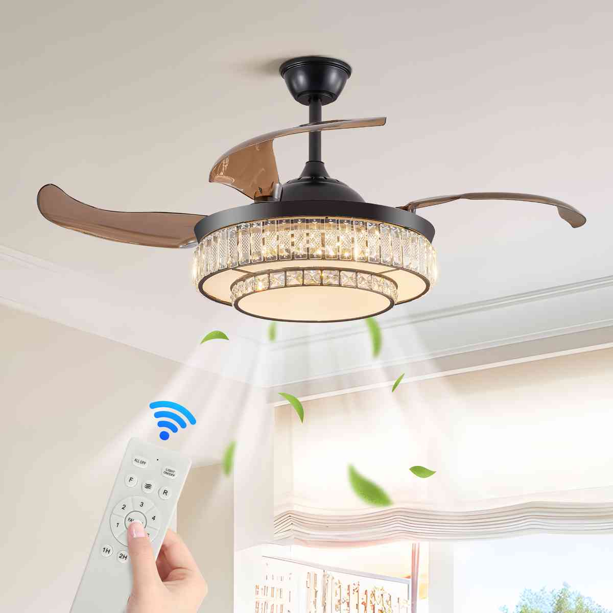 48" Contemporary Crystal LED Retractable Ceiling Fan with Light and Remote Control, Quiet Reversible Motor,4 Blades Modern Ceiling Fans for Kitchen Bedroom Dining Room Patio