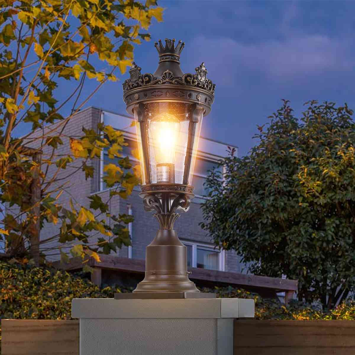 22"(H) Vintage Crown Outdoor Post Lantern, Waterproof Decorative Table Lamp with Clear Glass Shade and Antique Metal Base for Garden, Patio, Porch, Pathway Lighting (One piece&No bulb)