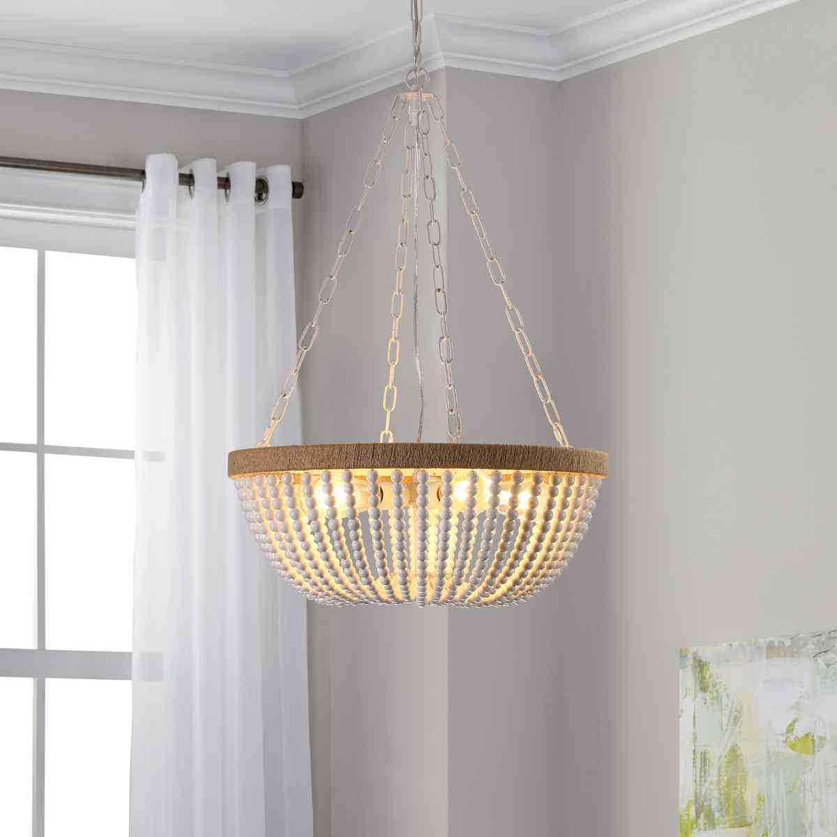 22" Bohemian Wood Beaded Pendant Chandelier – Elegant Light Fixture for Living Room, Dining Room, or Bedroom, Modern and Stylish Ceiling Light (Bulb Not Included)