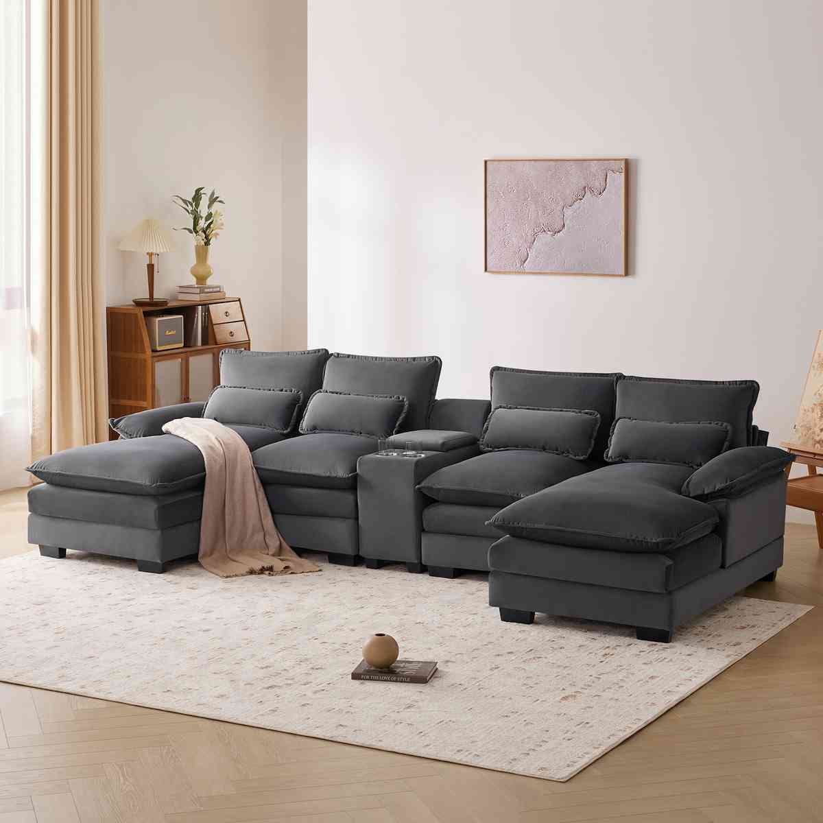 123*55" Modern U-shaped Sofa with Console,Cupholders and USB Ports,6-seat Upholstered Symmetrical Indoor Furniture,Sleeper Couch Set with Chaise for Living Room,Apartment,2 Colors