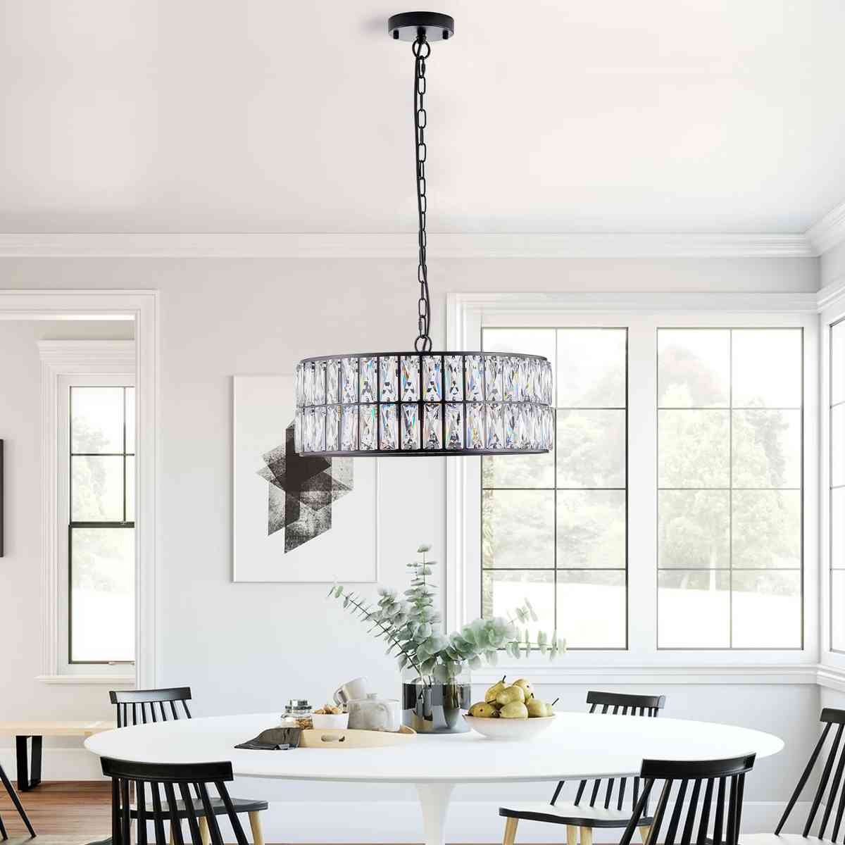 18" Black Modern Crystal Drum Chandelier, 6-Light Pendant Lighting Fixture with Metal Frame for Living Room, Dining Room, and Bedroom (Bulbs Not Included)