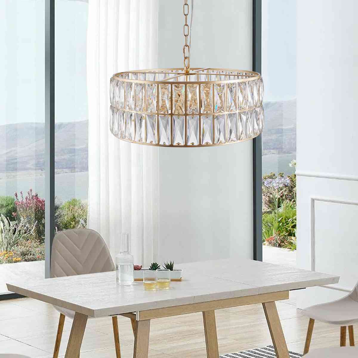 18" Golden Modern Crystal Drum Chandelier, 6-Light Pendant Lighting Fixture with Metal Frame for Living Room, Dining Room, and Bedroom (Bulbs Not Included)
