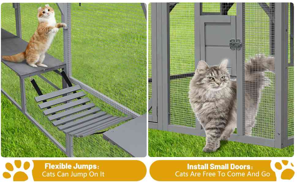 Outdoor Cat House Cat Enclosures 110'' Large Kitten Playpen with Platforms,Upgrade Waterproof Cover-grey