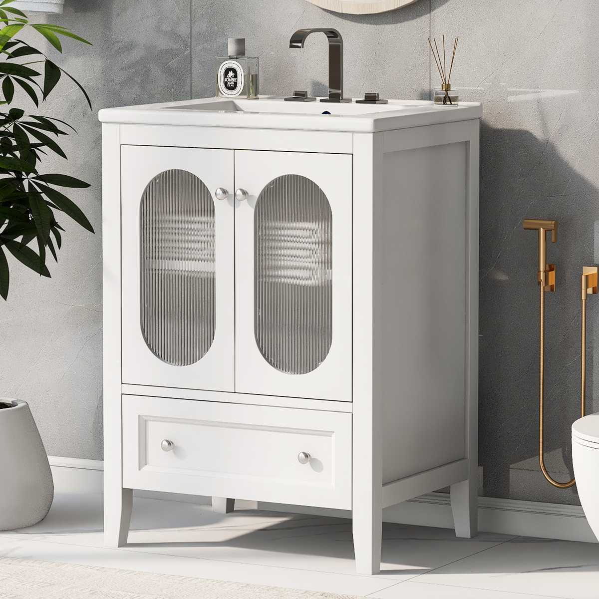 24'' Bathroom Vanity with Sink, Bathroom Vanity Cabinet with One Drawer and Doors, Adjustable Shelf, Solid Wood and MDF, White