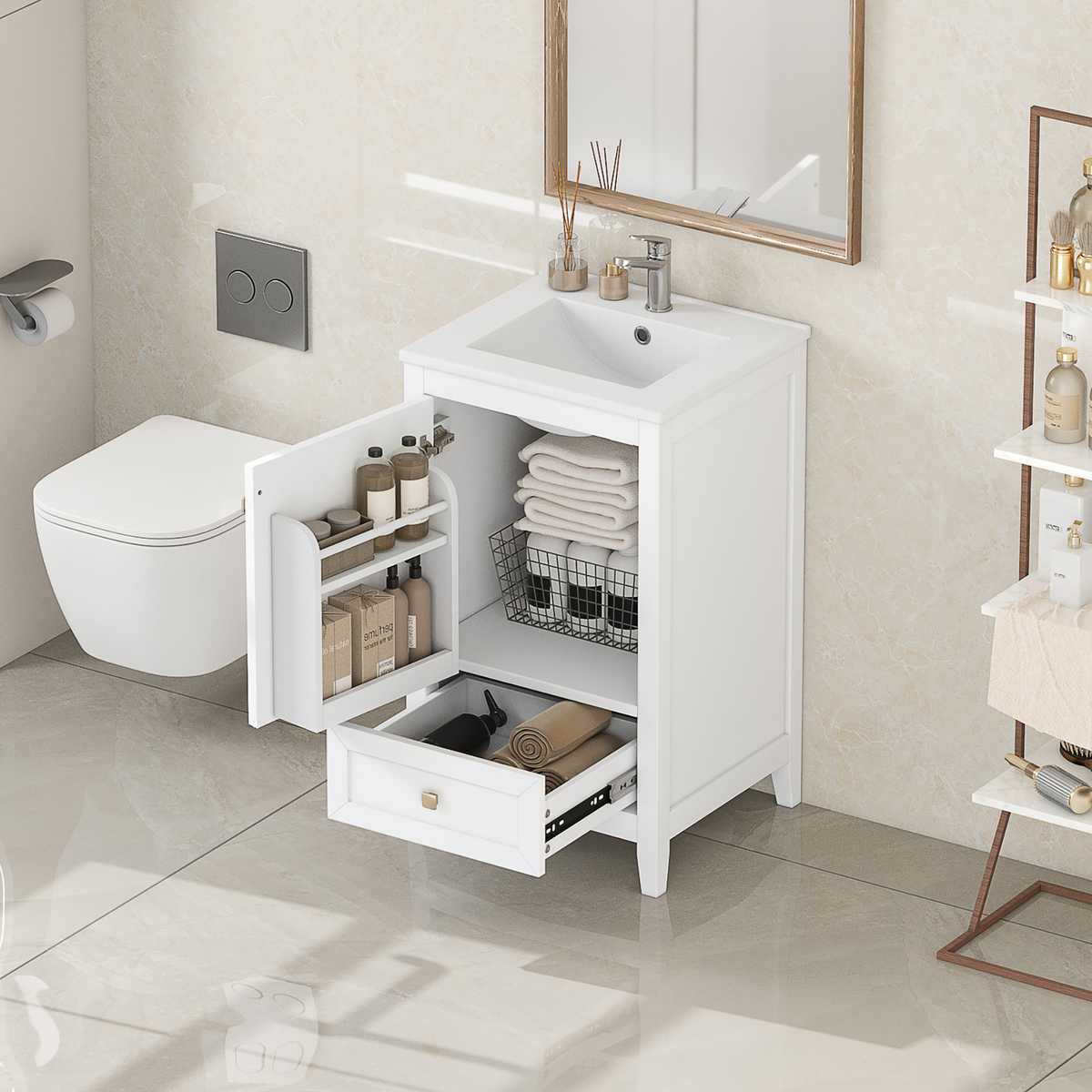 20'' Bathroom Vanity with Sink, Bathroom Cabinet with Soft Closing Door, Storage Rack and A Drawer, White