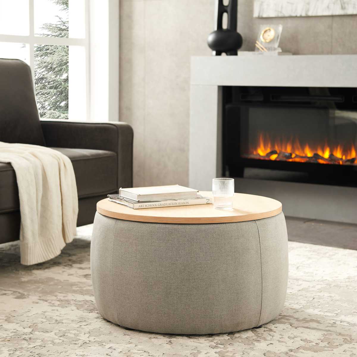 Round Storage Ottoman, 2 in 1 Function, Work as End table and Ottoman,  Grey (25.5"x25.5"x14.5")